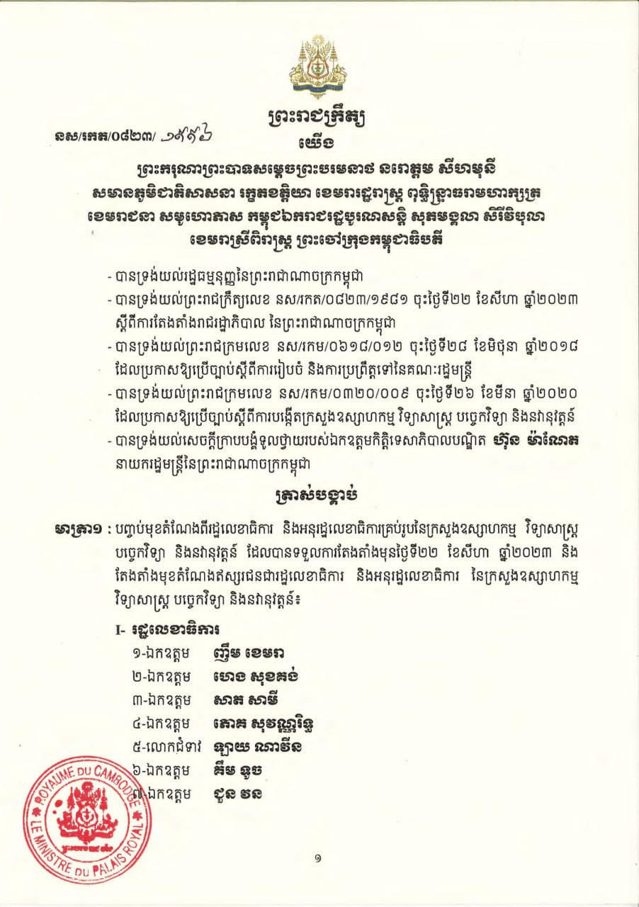 ព្រះរាជក្រឹត្យត្រាស់បង្គាប់បញ្ចប់មុខតំណែងឥស្សរជនជារដ្ឋលេខាធិការ និងអនុរដ្ឋលេខាធិការនៃក្រសួងឧស្សហកម្ម វិទ្យាសាស្ត្រ បច្ចេកវិទ្យា និងនវានុវត្តន៍