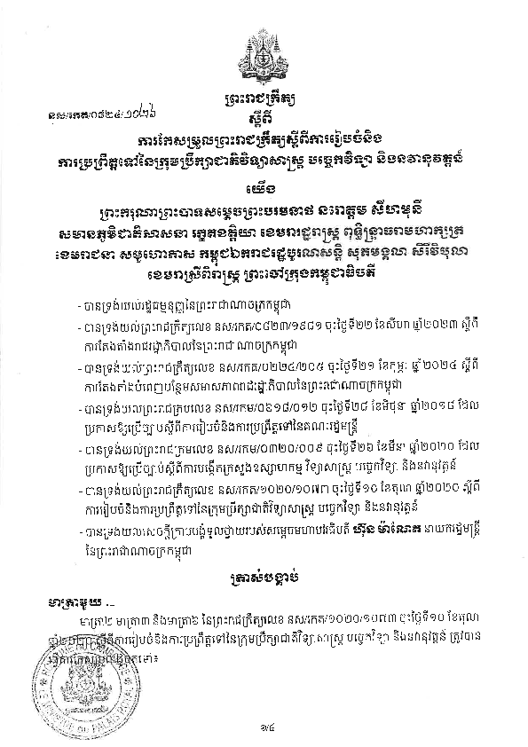 ព្រះរាជក្រឹត្យ នស/រកត/០៨២៤/១០២៦ ស្តីពី ការកែសម្រួលព្រះរាជក្រឹត្យស្តីពីការរៀបចំនិងការប្រព្រឹត្តទៅនៃក្រុមប្រឹក្សាជាតិវិទ្យាសាស្ត្រ បច្ចេកវិទ្យា និងនវានុវត្តន៍