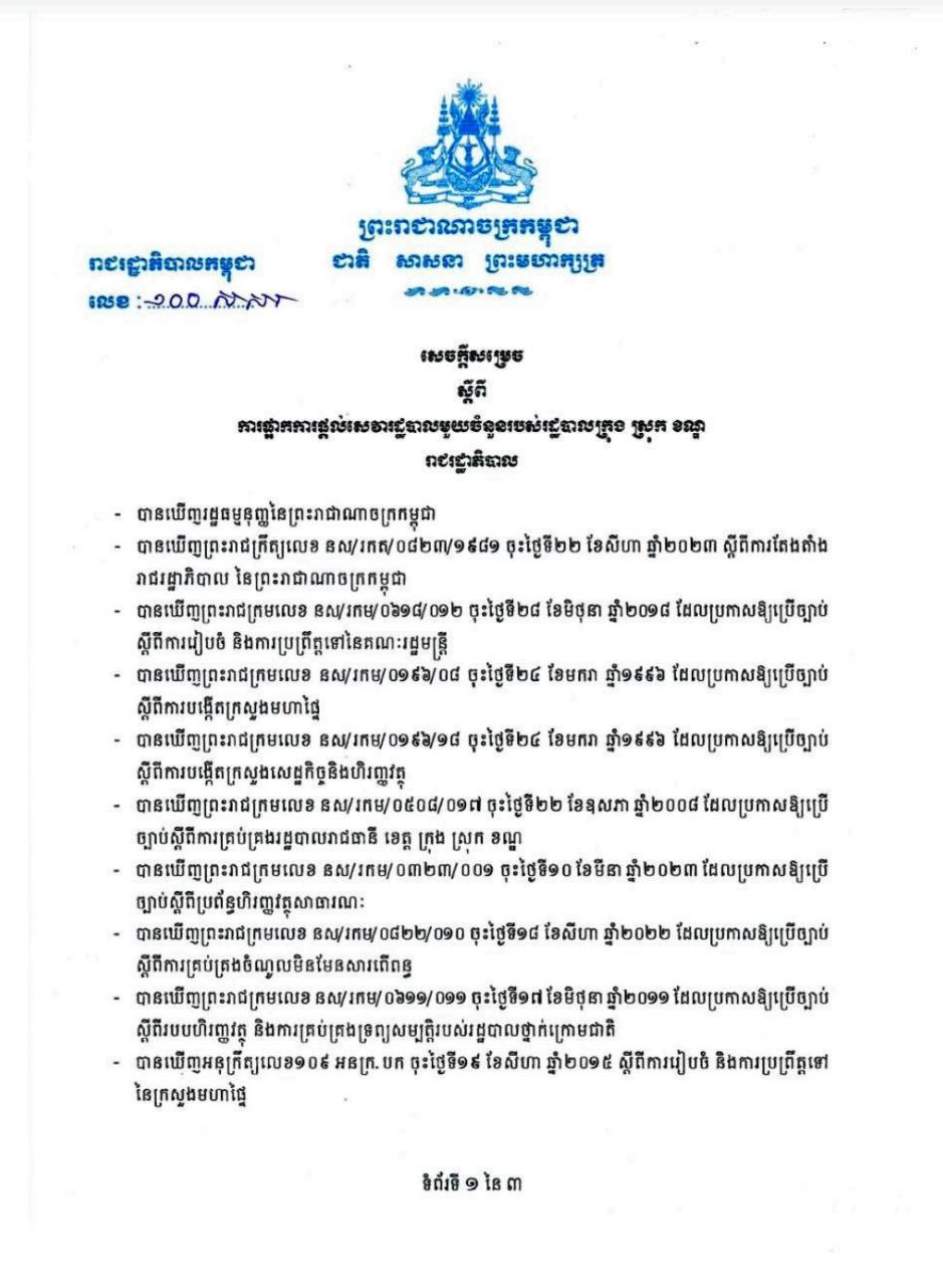 សេចក្តីសម្រេច ស្តីពី ការផ្អាកការផ្តល់សេវារដ្ឋបាលមួយចំនួនរបស់រដ្ឋបាលក្រុង ស្រុក ខណ្ឌ